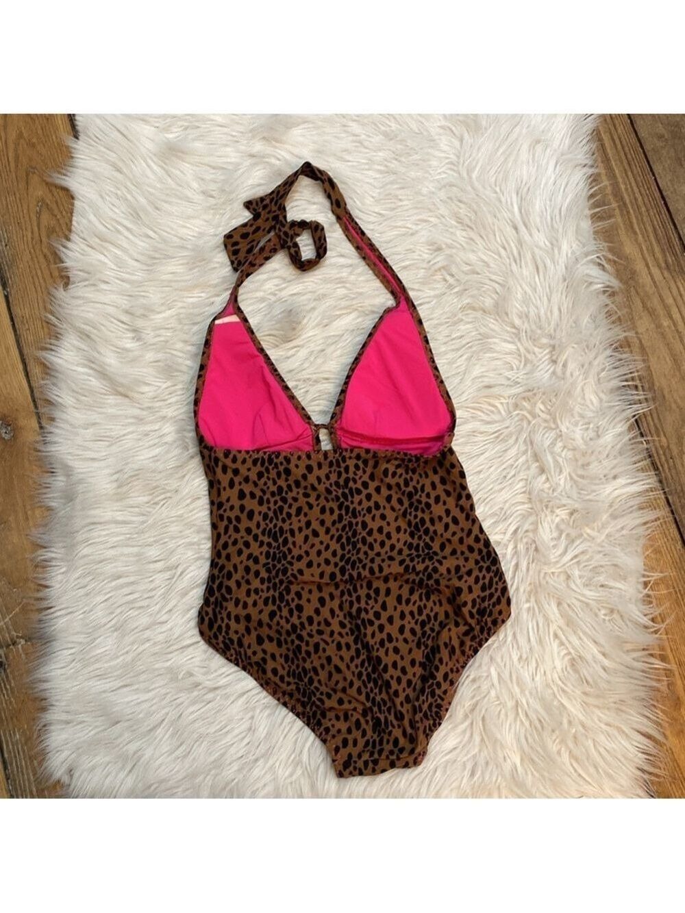 DKNY Leopard Print Plunge Neck One-Piece Swimsuit, Size 10 - Picture 3 of 16